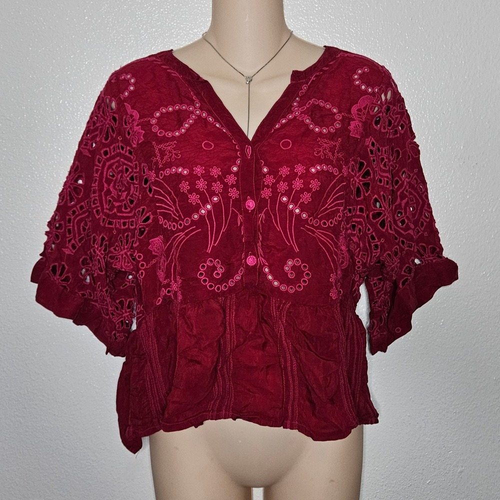 Johnny Was Red‎ Embroidered Eyelet Cupra Rayon Peplum Blouse